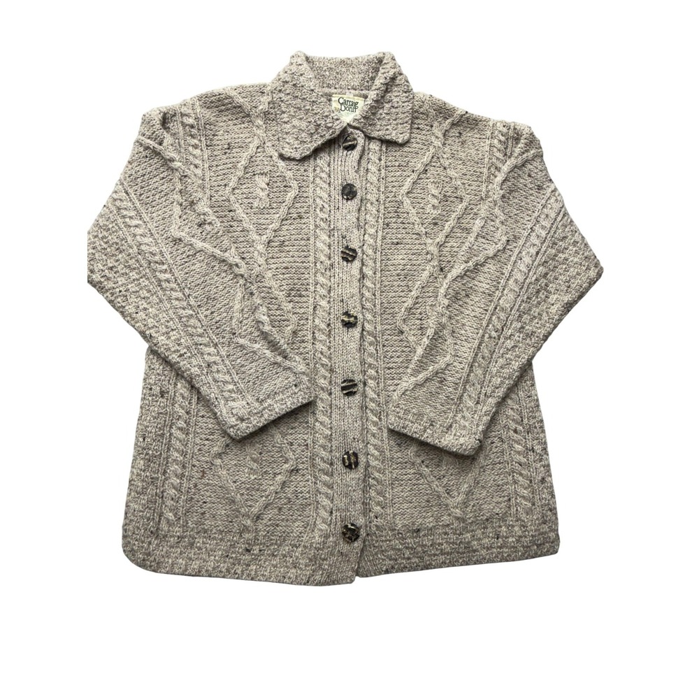 Carraig Donn Aran Cardigan Womens S Beige Irish Wool Cable Knit Collared